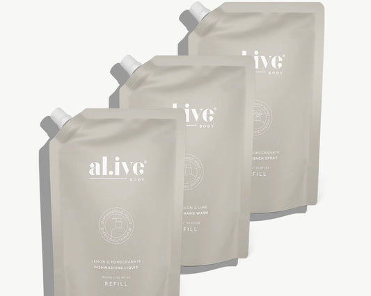 al.ive Hand Wash, Bench Spray & Dishwashing Liquid Kitchen Refill Bundle