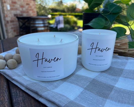 ‘Haven’ White Japanese Honeysuckle Soy Candle.